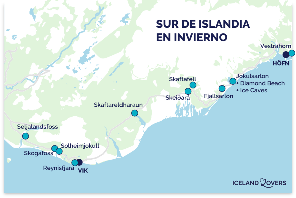 Mapa de atracciones sur de islandia invierno