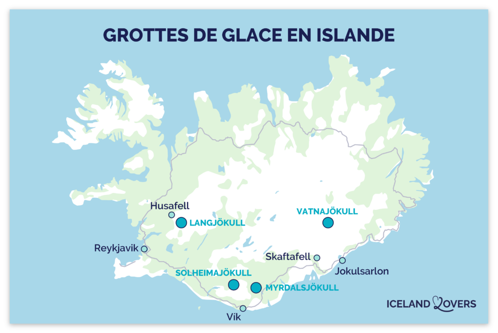 carte des grottes de glace et glaciers en Islande