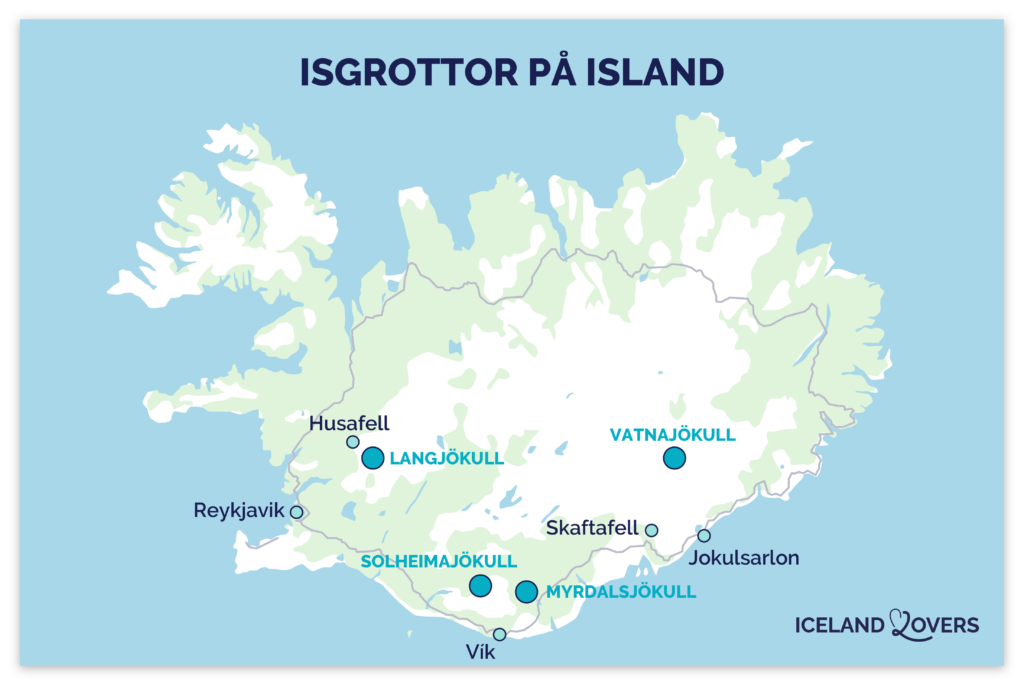 karta över isgrottor och glaciärer på Island