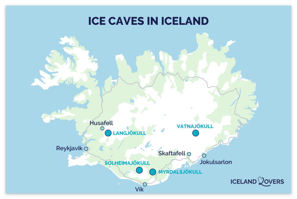 map of ice caves and glaciers in Iceland