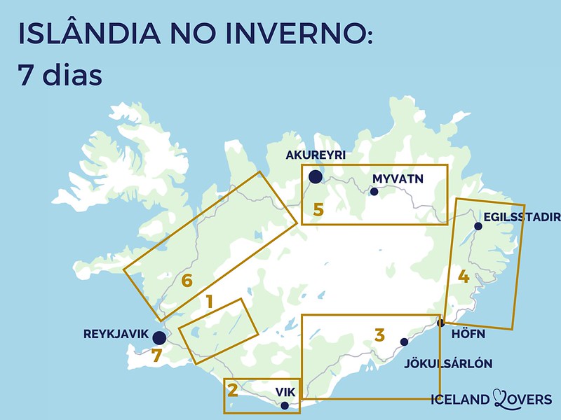 Mapa do itinerário de inverno de 7 dias na Islândia