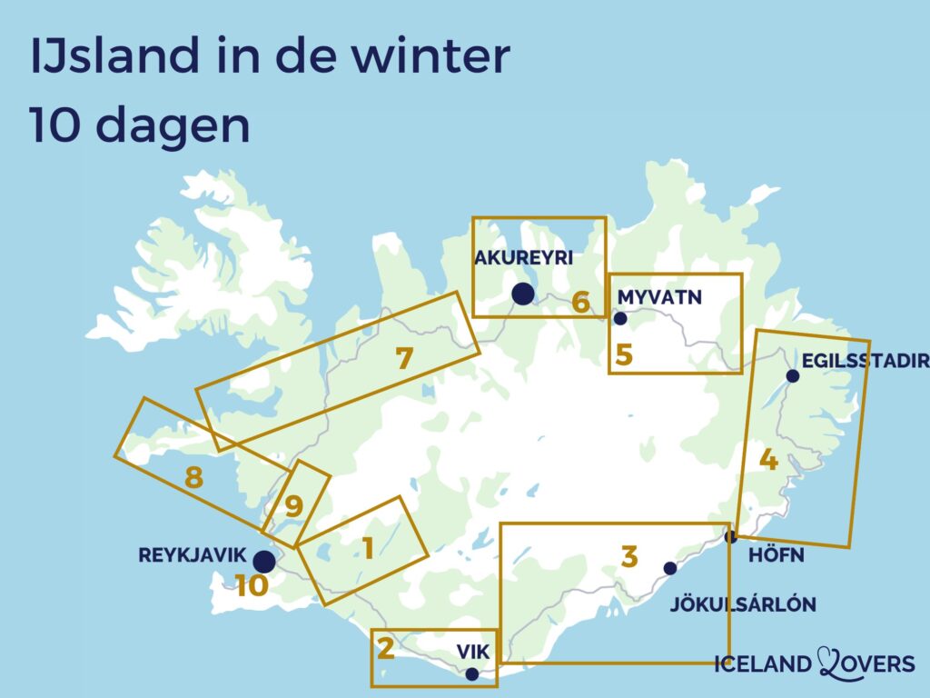 kaart bezoek ijsland winter 10-daagse reisroute
