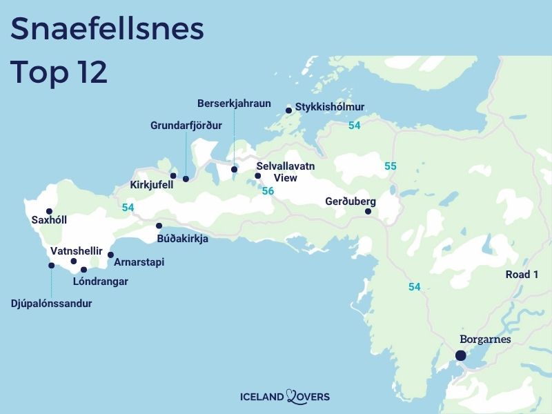 kort attraktioner Snaefellsnes steder du ikke må gå glip af