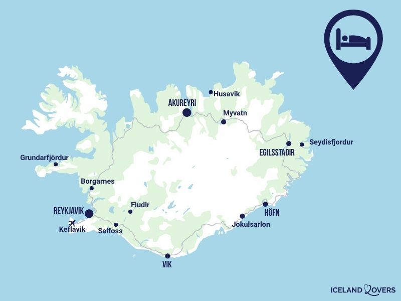 kaart met de beste plekken om te overnachten in ijsland
