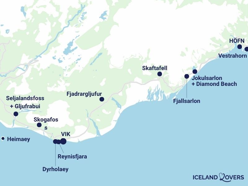 Mapa de atracciones de la costa sur de Islandia