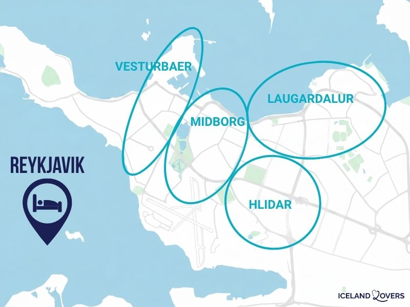 kort over Reykjaviks bydele – hvor kan man overnatte?